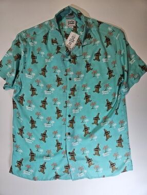 NWT Button Down Shirt Men Medium Teal Beer Run Palm Tree All Over Print Vacation